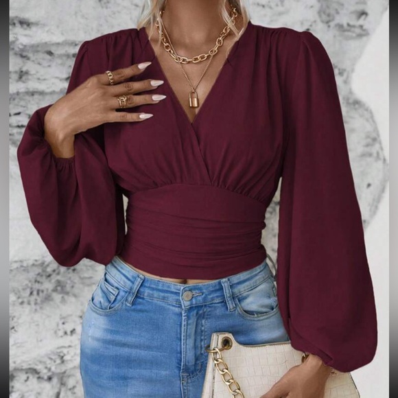 Boho Classic Elegant VNeck Pleated Smocked Long Sleeve Cropped Top Blouse Shirt - Picture 5 of 12